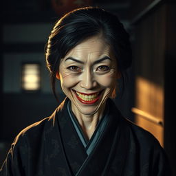 A mid-age Japanese woman with a terrifying smile on her face