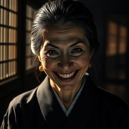 A mid-age Japanese woman with a terrifying smile on her face