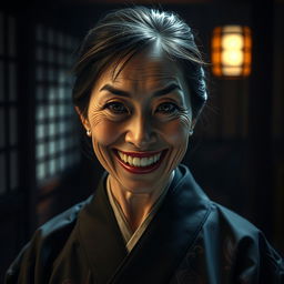 A mid-age Japanese woman with a terrifying smile on her face