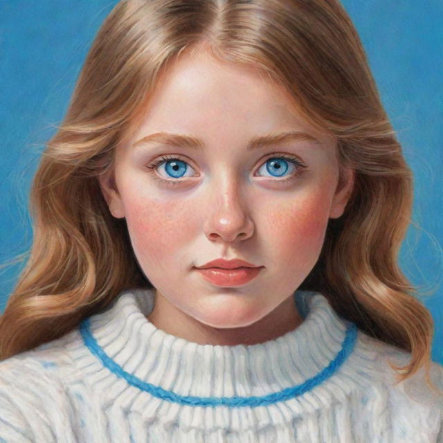 A detailed illustration of a light brown-haired girl with vibrant blue eyes, a petite snub nose, a round face, dressed in a plush white sweater.