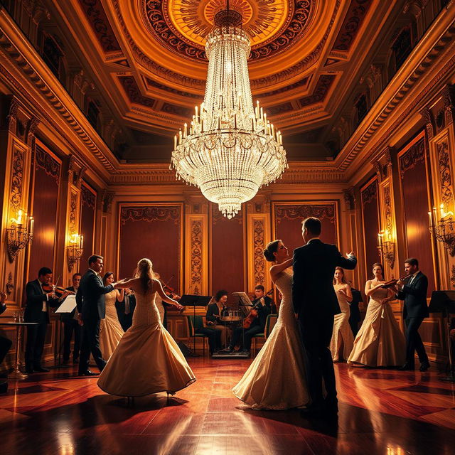 A glamorous evening scene in a grand ballroom with elegantly dressed couples dancing under a majestic crystal chandelier