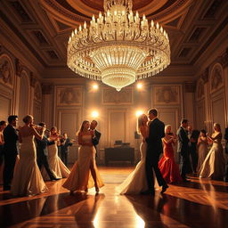 A glamorous evening scene in a grand ballroom with elegantly dressed couples dancing under a majestic crystal chandelier