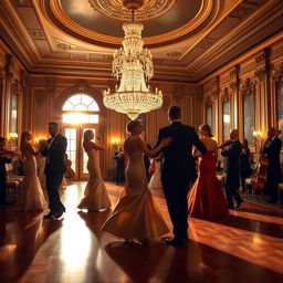 A glamorous evening scene in a grand ballroom with elegantly dressed couples dancing under a majestic crystal chandelier