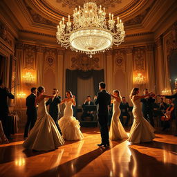 A glamorous evening scene in a grand ballroom with elegantly dressed couples dancing under a majestic crystal chandelier