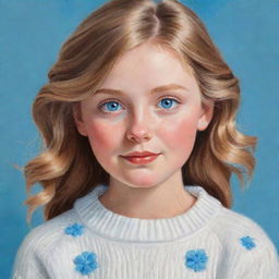 A detailed illustration of a light brown-haired girl with vibrant blue eyes, a petite snub nose, a round face, dressed in a plush white sweater.