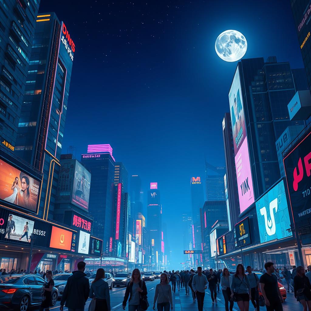 A futuristic cityscape at night, with towering skyscrapers illuminated by neon lights of various colors