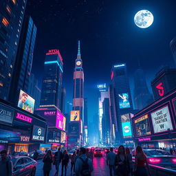 A futuristic cityscape at night, with towering skyscrapers illuminated by neon lights of various colors