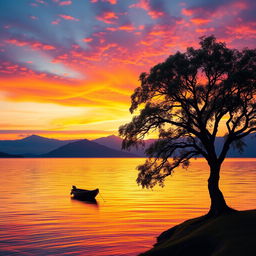 A scenic landscape showcasing a vibrant sunset over a tranquil sea