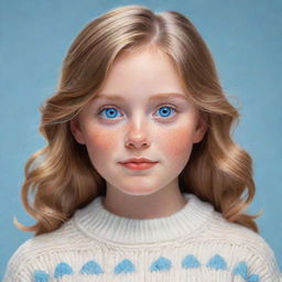 A detailed illustration of a light brown-haired girl with vibrant blue eyes, a petite snub nose, a round face, dressed in a plush white sweater.