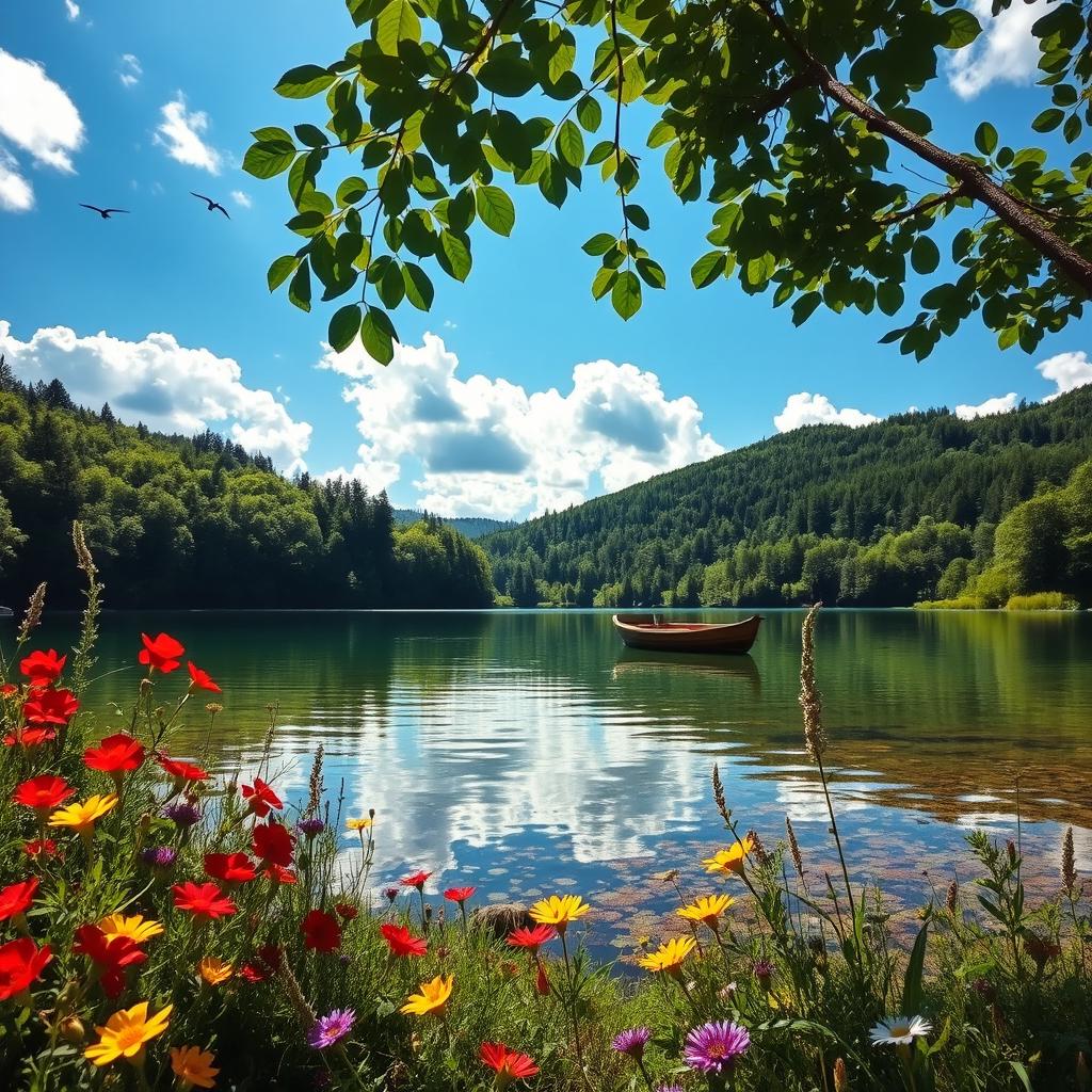 a serene landscape featuring a crystal-clear lake surrounded by lush green forests, under a bright blue sky with fluffy white clouds