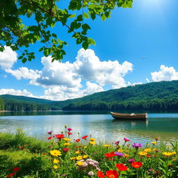 a serene landscape featuring a crystal-clear lake surrounded by lush green forests, under a bright blue sky with fluffy white clouds