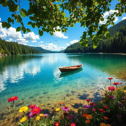 a serene landscape featuring a crystal-clear lake surrounded by lush green forests, under a bright blue sky with fluffy white clouds