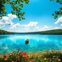 a serene landscape featuring a crystal-clear lake surrounded by lush green forests, under a bright blue sky with fluffy white clouds