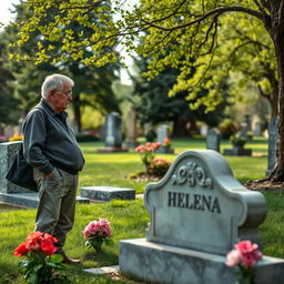 A middle-aged man standing beside an elderly woman, visiting the grave of a woman named Helena