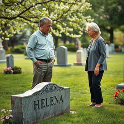 A middle-aged man standing beside an elderly woman, visiting the grave of a woman named Helena