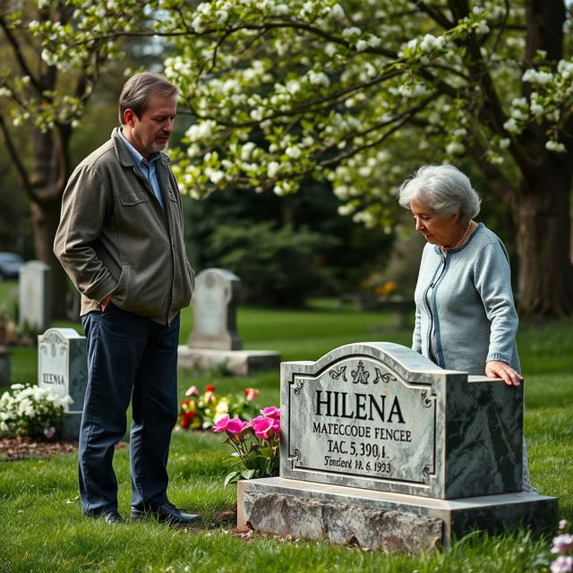 A middle-aged man standing beside an elderly woman, visiting the grave of a woman named Helena