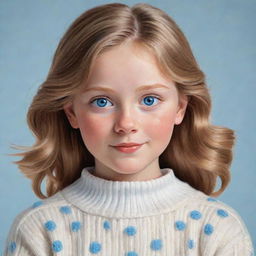 A detailed illustration of a light brown-haired girl with vibrant blue eyes, a petite snub nose, a round face, dressed in a plush white sweater.