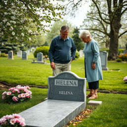 A middle-aged man standing beside an elderly woman, visiting the grave of a woman named Helena