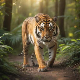 A majestic tiger, vibrant orange and black stripes gleaming under the golden sunlight, prowling in a lush green jungle.