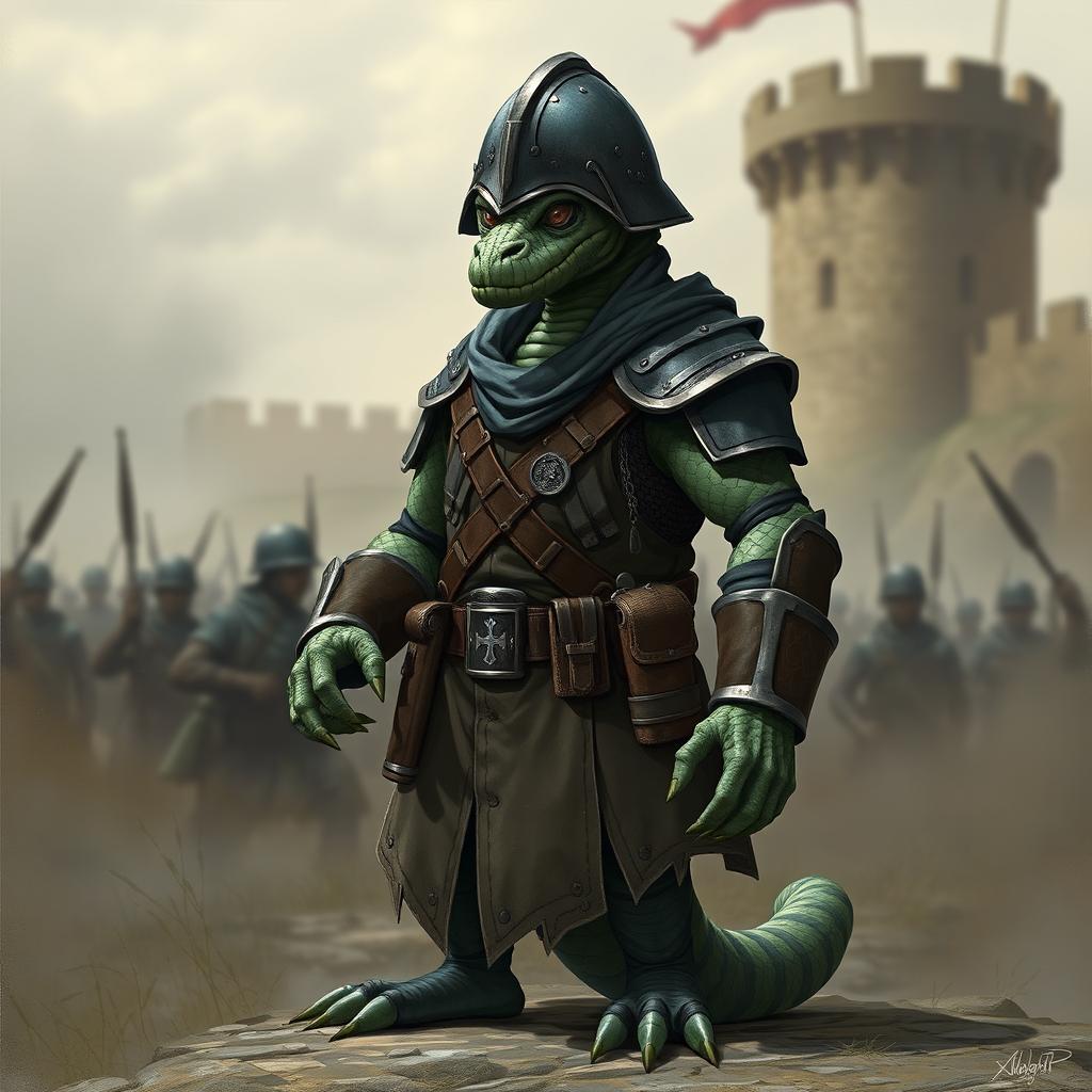 A Nagaji from Pathfinder 2e, a humanoid creature with serpent-like features, is wearing a unique uniform that combines elements of a German WW1 soldier's uniform and a medieval fantasy guard's uniform