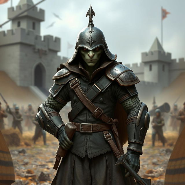 A Nagaji from Pathfinder 2e, a humanoid creature with serpent-like features, is wearing a unique uniform that combines elements of a German WW1 soldier's uniform and a medieval fantasy guard's uniform