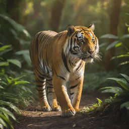 A majestic tiger, vibrant orange and black stripes gleaming under the golden sunlight, prowling in a lush green jungle.