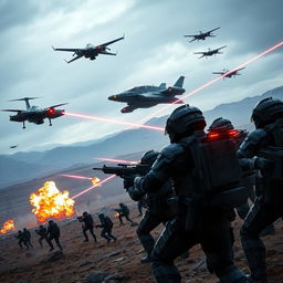 A dramatic battlefield scene with futuristic soldiers engaged in intense combat