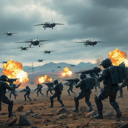 A dramatic battlefield scene with futuristic soldiers engaged in intense combat