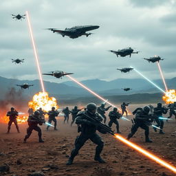 A dramatic battlefield scene with futuristic soldiers engaged in intense combat