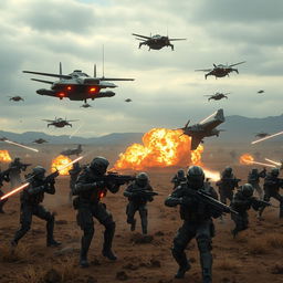 A dramatic battlefield scene with futuristic soldiers engaged in intense combat