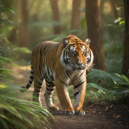 A majestic tiger, vibrant orange and black stripes gleaming under the golden sunlight, prowling in a lush green jungle.