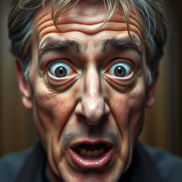 A close-up of the face of a middle-aged man displaying an expression of surprise and fear