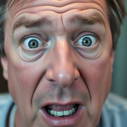 A close-up of the face of a middle-aged man displaying an expression of surprise and fear