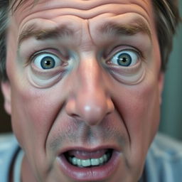 A close-up of the face of a middle-aged man displaying an expression of surprise and fear