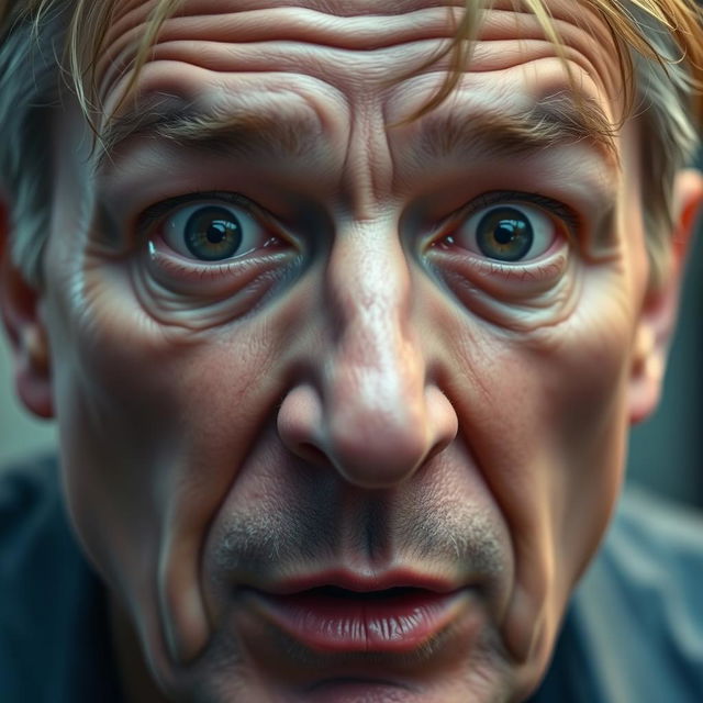 A close-up of the face of a middle-aged man displaying an expression of surprise and fear