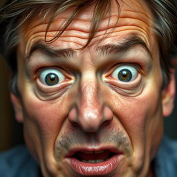 A close-up of the face of a middle-aged man displaying an expression of surprise and fear