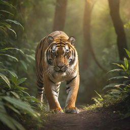 A majestic tiger, vibrant orange and black stripes gleaming under the golden sunlight, prowling in a lush green jungle.