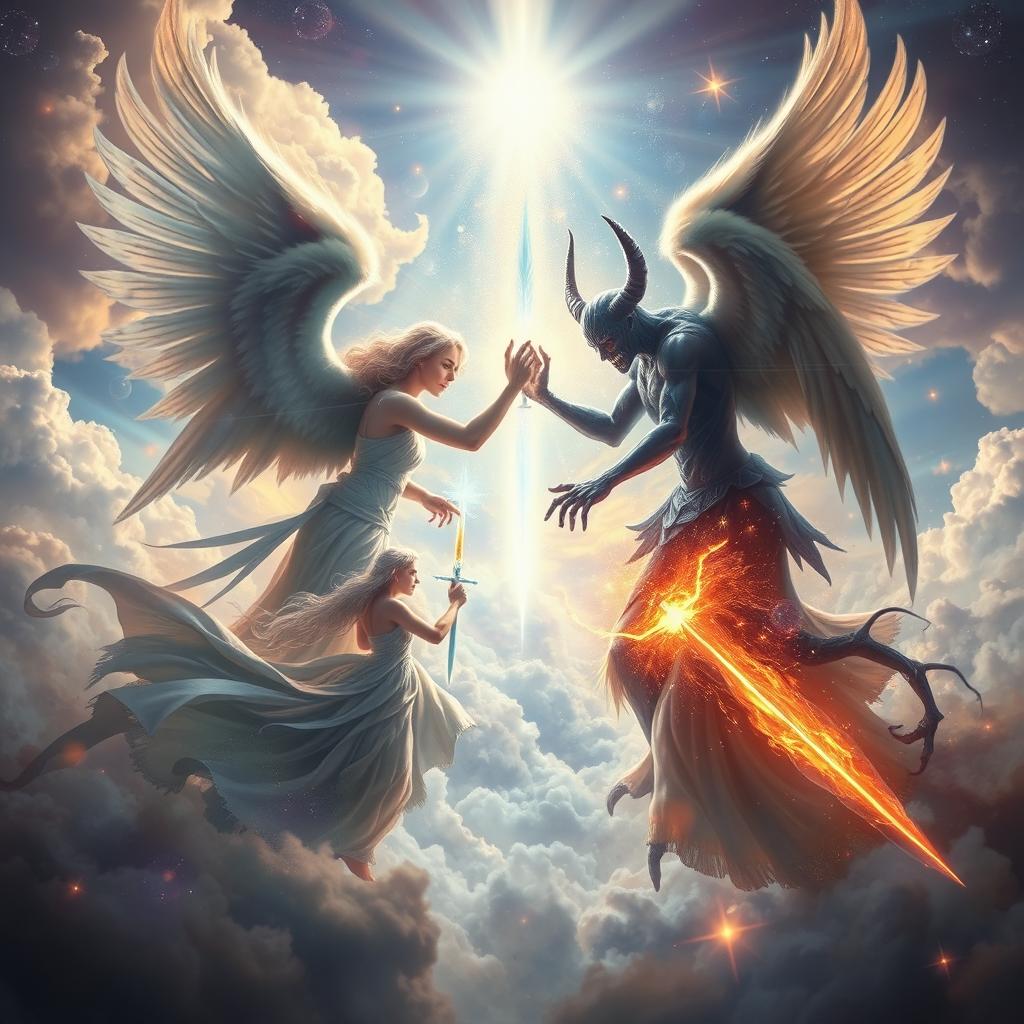 A surreal and symbolic depiction of spiritual warfare featuring ethereal angelic figures clashing with shadowy demonic entities in a celestial realm