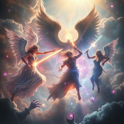 A surreal and symbolic depiction of spiritual warfare featuring ethereal angelic figures clashing with shadowy demonic entities in a celestial realm