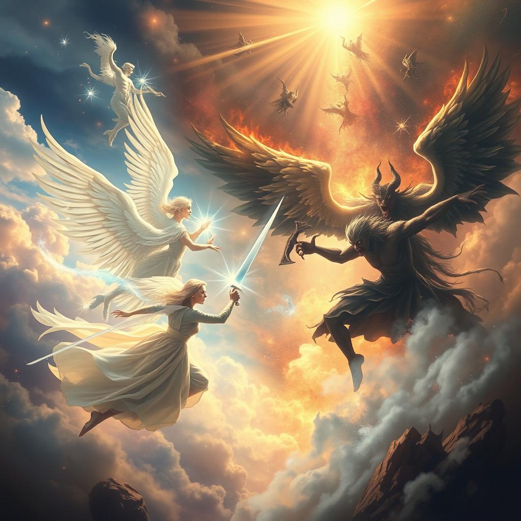 A surreal and symbolic depiction of spiritual warfare featuring ethereal angelic figures clashing with shadowy demonic entities in a celestial realm