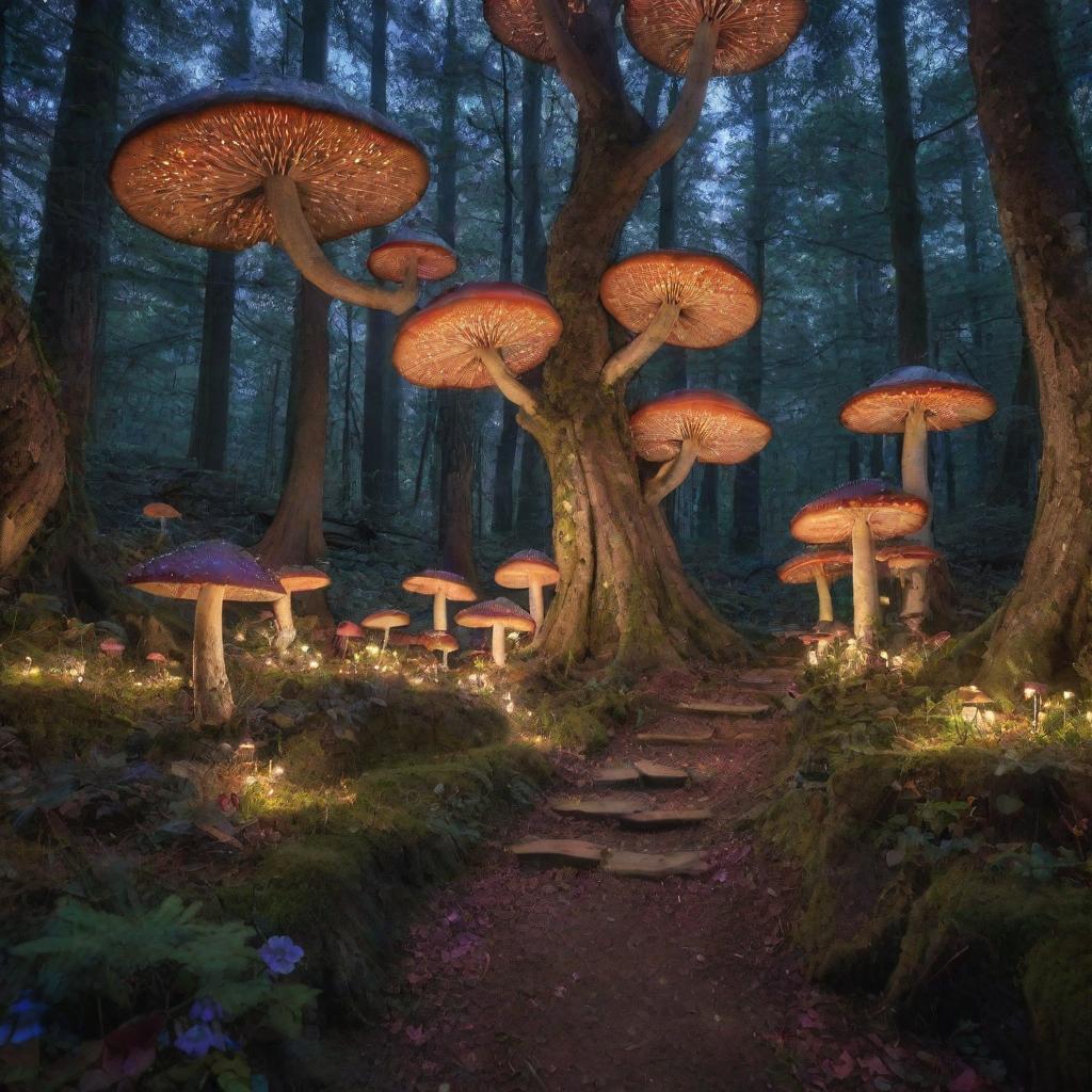 A whimsical forest fairyland named Rodario, bathed in twilight glow, with towering ancient trees, multicolored mushrooms, and sparkling fairy lights.