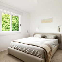 A small, stylish white bedroom with the unique feature of a window positioned directly behind the bed, streaming natural light into the room