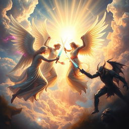 A surreal and symbolic depiction of spiritual warfare featuring ethereal angelic figures clashing with shadowy demonic entities in a celestial realm