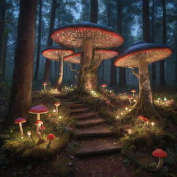 A whimsical forest fairyland named Rodario, bathed in twilight glow, with towering ancient trees, multicolored mushrooms, and sparkling fairy lights.