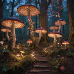 A whimsical forest fairyland named Rodario, bathed in twilight glow, with towering ancient trees, multicolored mushrooms, and sparkling fairy lights.