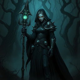 A sinister female human necromancer in D&D-inspired armor stands ominously in the dark woods