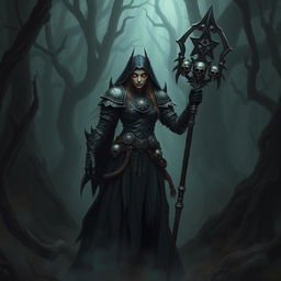 A sinister female human necromancer in D&D-inspired armor stands ominously in the dark woods