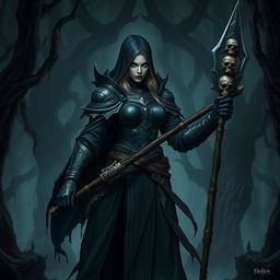 A sinister female human necromancer in D&D-inspired armor stands ominously in the dark woods