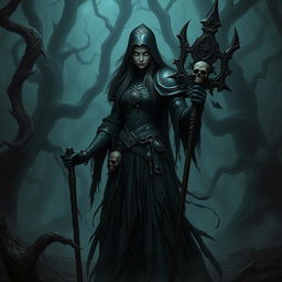 A sinister female human necromancer in D&D-inspired armor stands ominously in the dark woods