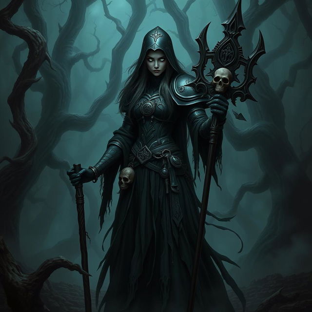 A sinister female human necromancer in D&D-inspired armor stands ominously in the dark woods